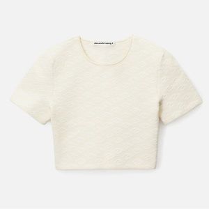 Alexander Wang Skewed Logo Jacquard Cropped Tee In Creamy Bone Size L